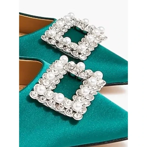 Crystal Embellished Pointed-Toe Satin Flats | Sz 7, Green | J Crew Factory - Picture 2 of 6